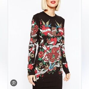 Love Moschino Mini Dress Womens Sz 4 Black Tattoo Print Y2K Long Sleeve Graphic